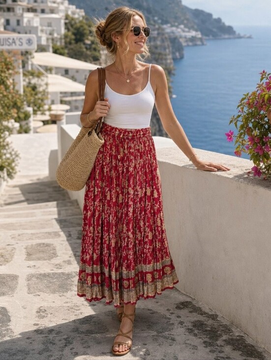Liz Baker Dresses & Skirts - Vintage Liz Baker Red Floral Crinkle Broomstick Skirt 1X Plus Size Cottagecore